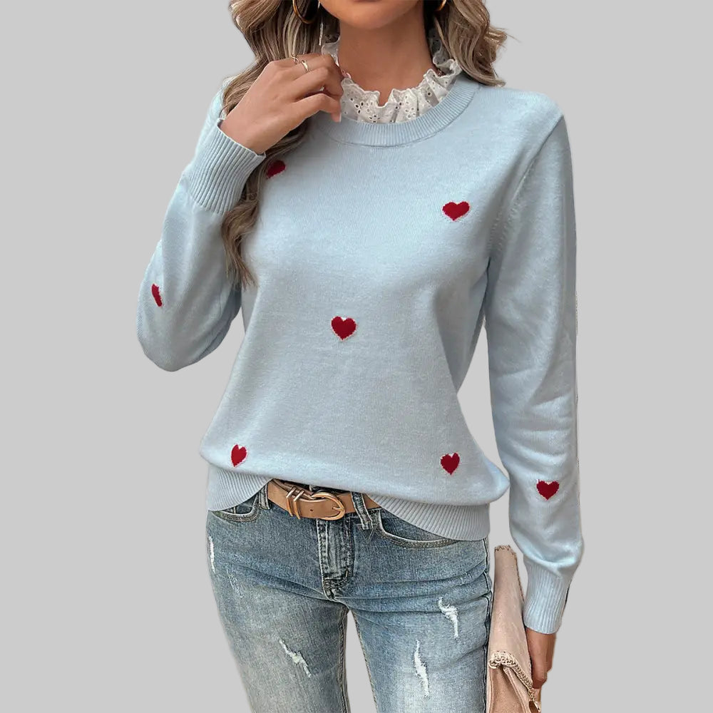 Casual Embroidery Love Long Sleeve Sweater - S / Blue - Sweaters & Cardigans