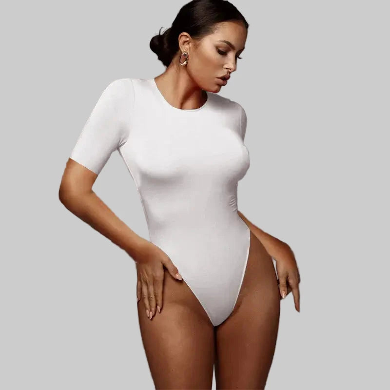 Casual Half-Sleeve Tight Sexy Bodysuit - S / White - Bodysuits