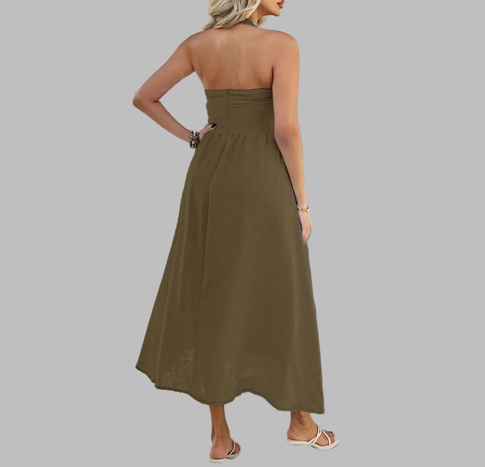 Casual High Waist Sleeveless Halter Dress - Dresses