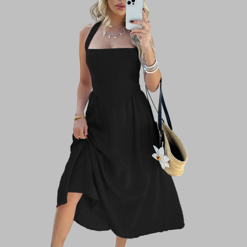 Casual High Waist Sleeveless Halter Dress - S / Black - Dresses