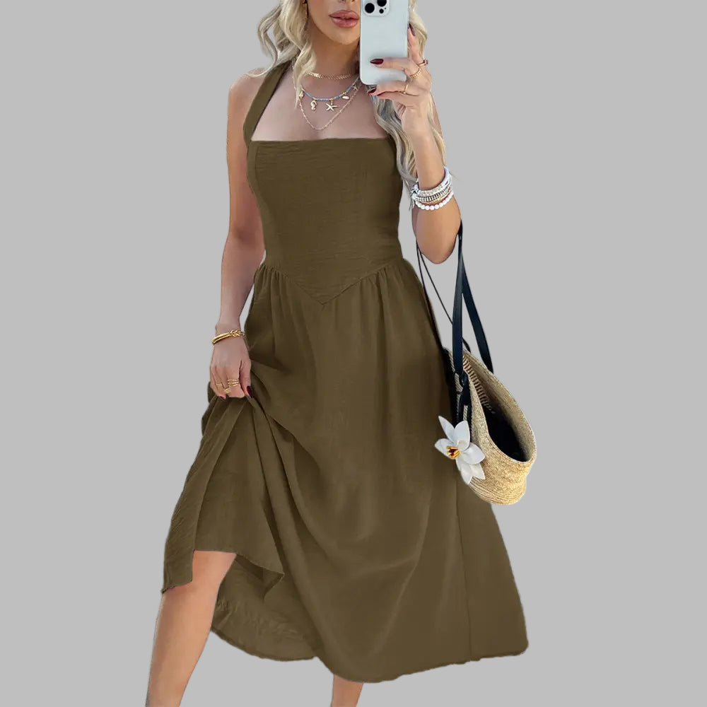Casual High Waist Sleeveless Halter Dress - S / Olive Green - Dresses