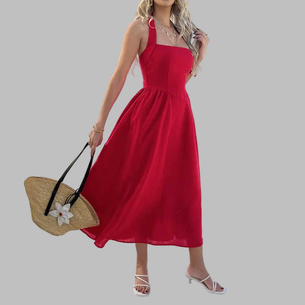 Casual High Waist Sleeveless Halter Dress - S / Red - Dresses
