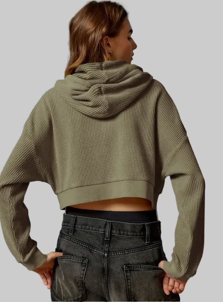 Casual Hooded Zip Cardigan Waffle Solid Color Hoodie Sweater - Sweatshirts & Hoodies