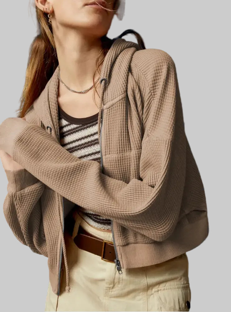 Casual Hooded Zip Cardigan Waffle Solid Color Hoodie Sweater - Sweatshirts & Hoodies