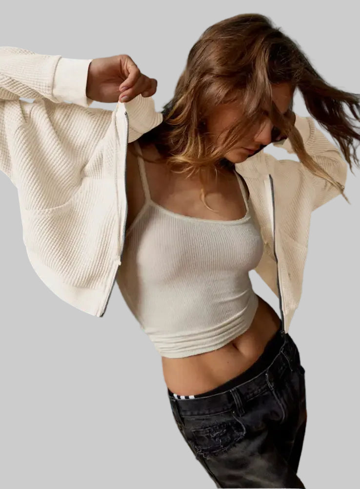 Casual Hooded Zip Cardigan Waffle Solid Color Hoodie Sweater - Sweatshirts & Hoodies