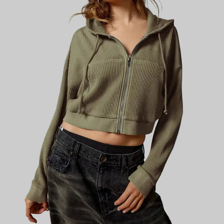 Casual Hooded Zip Cardigan Waffle Solid Color Hoodie Sweater - S / Green - Sweatshirts & Hoodies