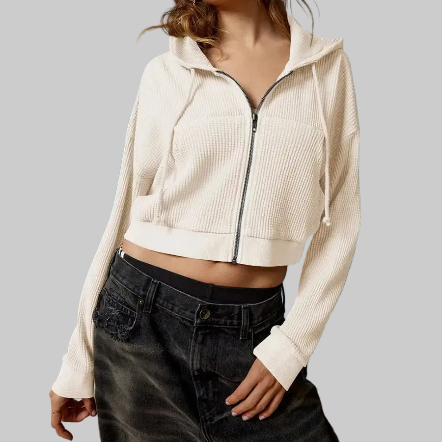 Casual Hooded Zip Cardigan Waffle Solid Color Hoodie Sweater - S / Apricot - Sweatshirts & Hoodies