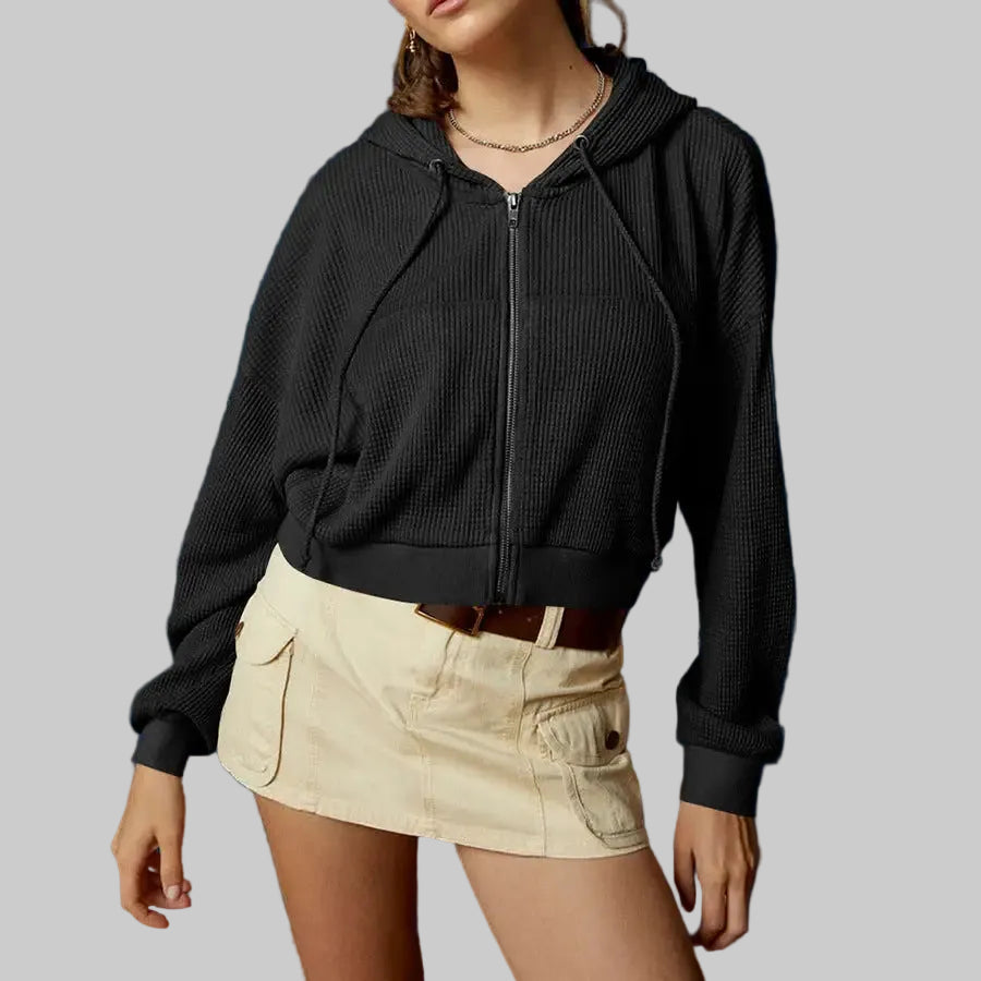 Casual Hooded Zip Cardigan Waffle Solid Color Hoodie Sweater - S / Black - Sweatshirts & Hoodies