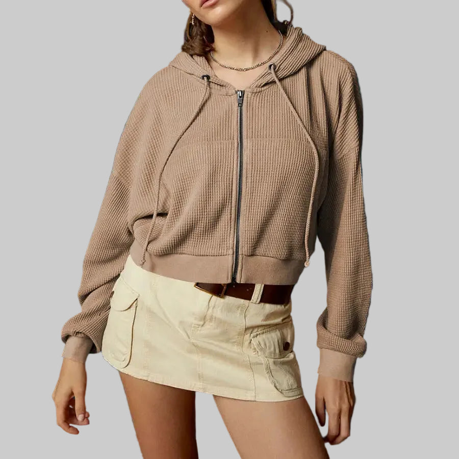 Casual Hooded Zip Cardigan Waffle Solid Color Hoodie Sweater - S / Light Brown - Sweatshirts & Hoodies