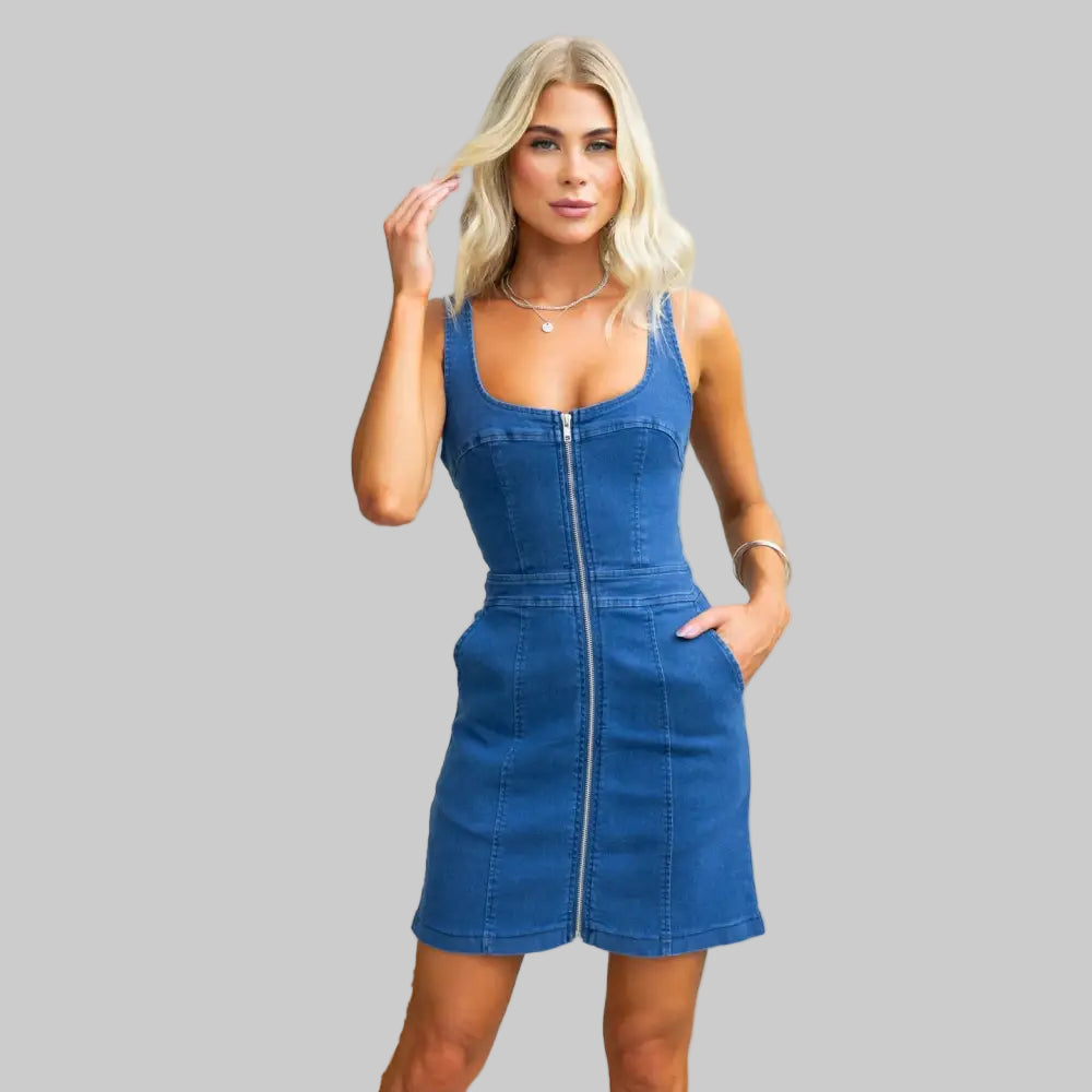 Casual Slim Denim Sleeveless Dress - S / Navy Blue - Dresses
