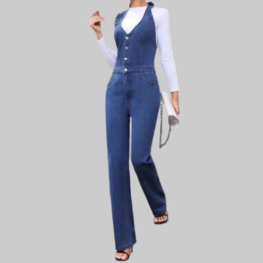 Casual Slim High Waist Straight Leg Denim Jumpsuit - XS / Blue - Jumpsuits