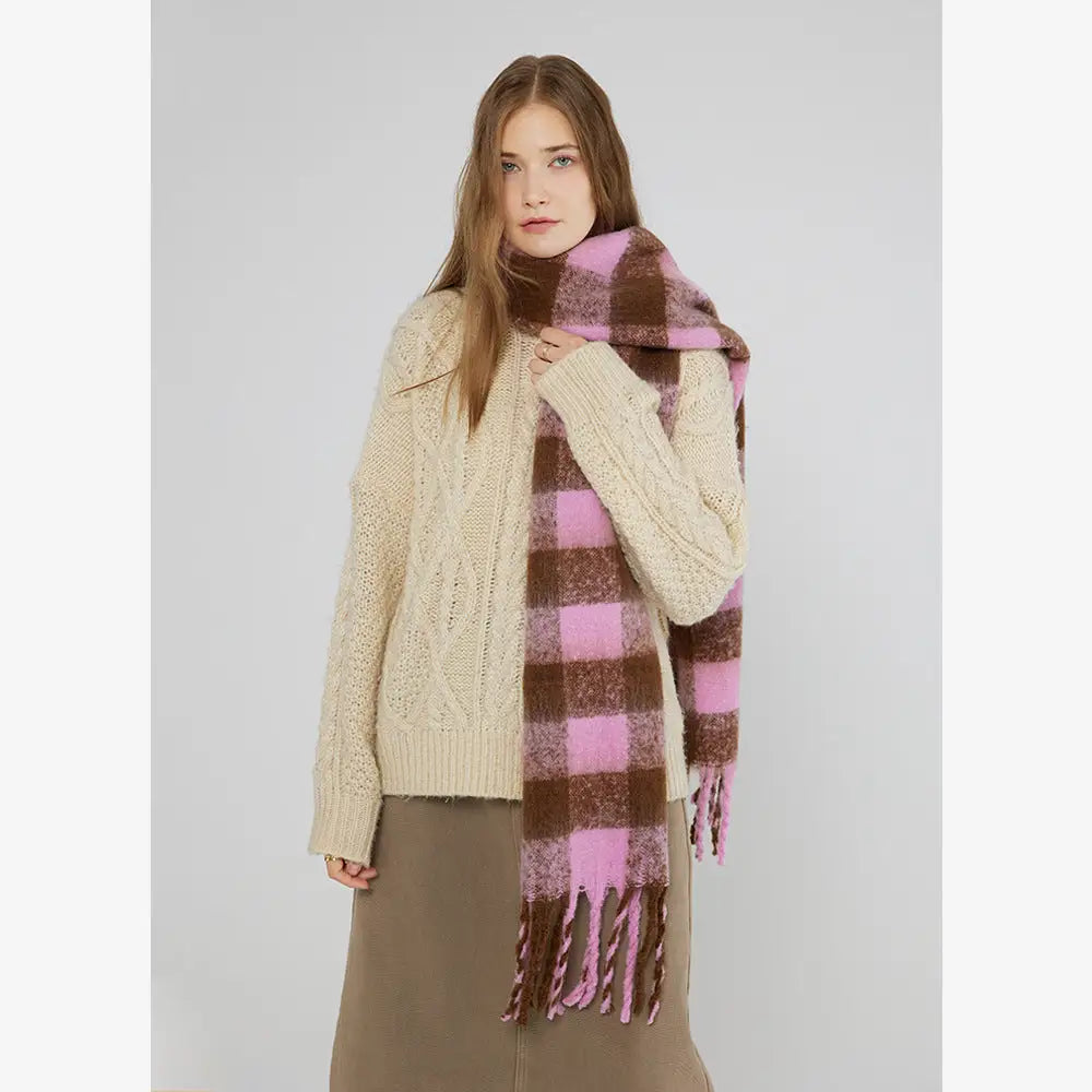 Chessboard Plaid Mohair Scarf - One Size / Pink Brown - Scarves