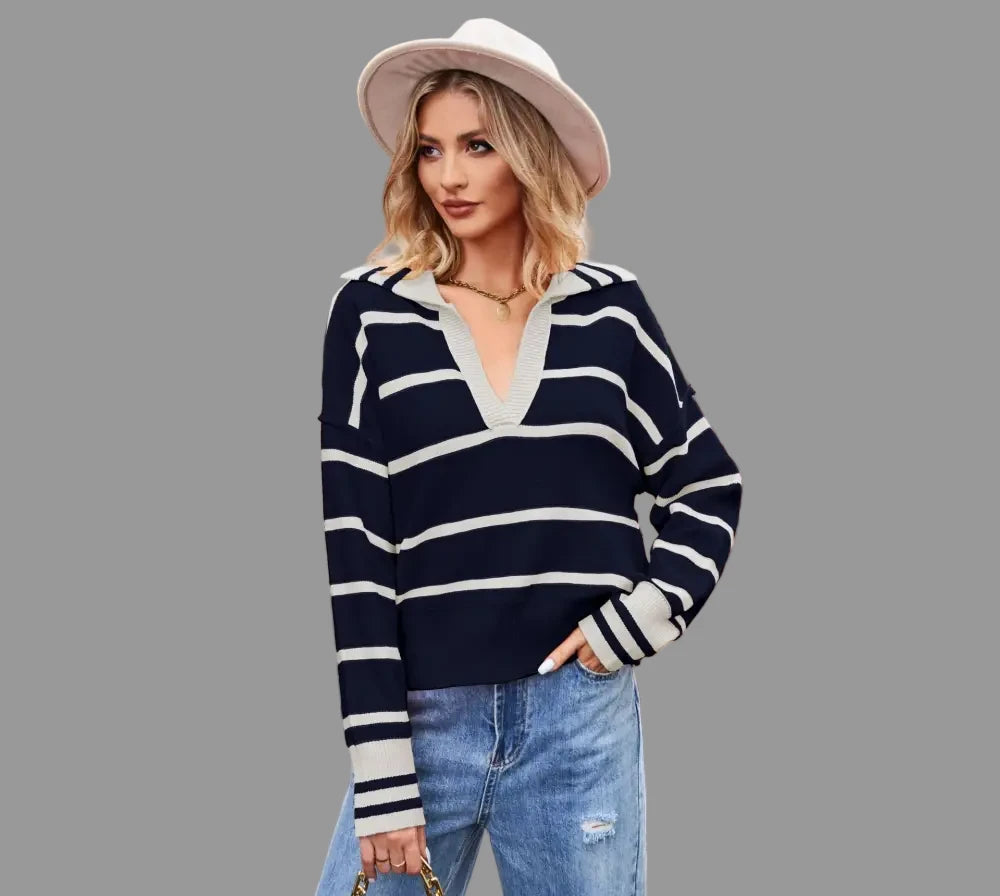 Collard Patchwork Loose Stripes Sweater - S / Deep Sky Blue - Sweaters & Cardigans