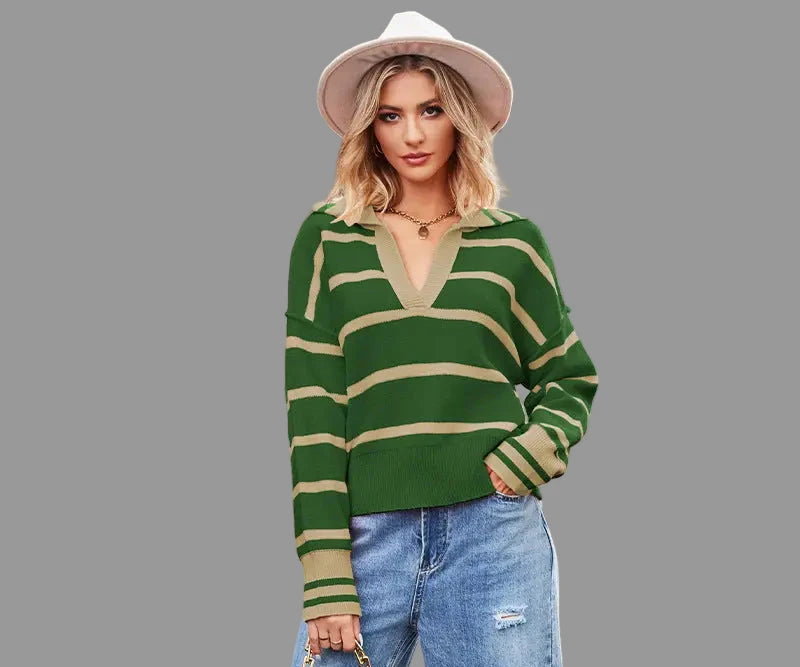 Collard Patchwork Loose Stripes Sweater - S / Green - Sweaters & Cardigans