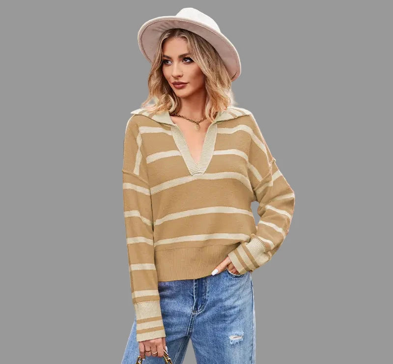 Collard Patchwork Loose Stripes Sweater - S / Khaki - Sweaters & Cardigans