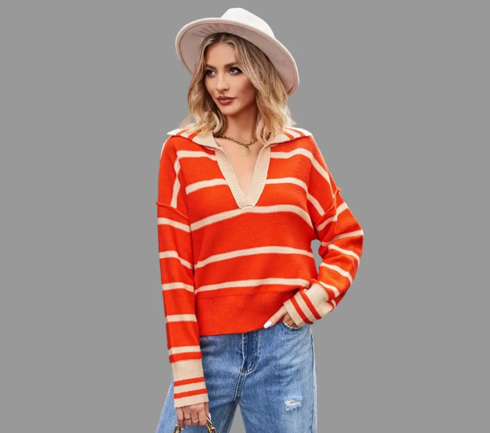 Collard Patchwork Loose Stripes Sweater - S / Orange - Sweaters & Cardigans