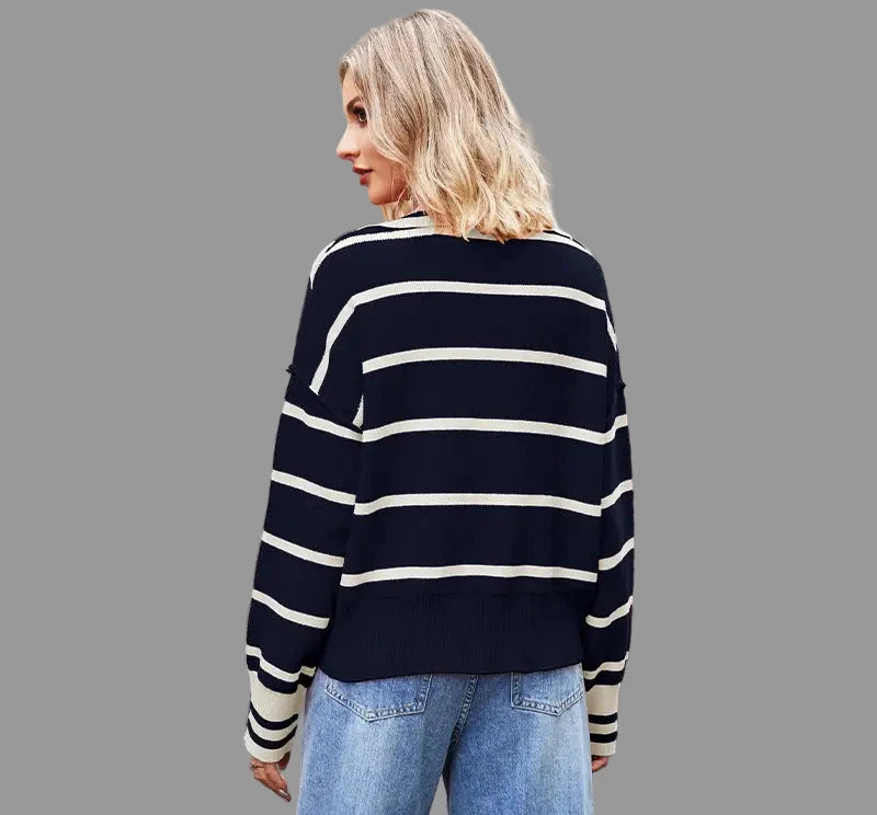 Collard Patchwork Loose Stripes Sweater - Sweaters & Cardigans