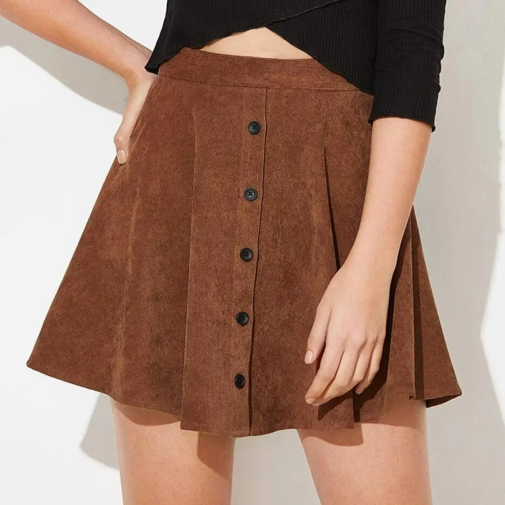 Corduroy Single Row Button High Waist Skirt - S / Khaki - Skirts