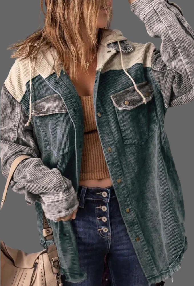 Corduroy Jacket Women's Hooded Coat Color Block Distressed Shacket Fall Winter Outfit
