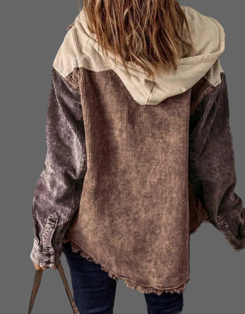 Corduroy Hooded Shacket: Distressed Color Block Jacket for Women - Fall Fashion by Tamra.Shop.Social
