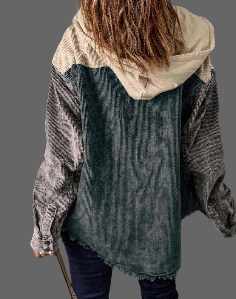 Corduroy Hooded Jacket: Color Block Shacket for Women, Distressed, Patchwork, Loose Fit - Fall/Winter Fashion