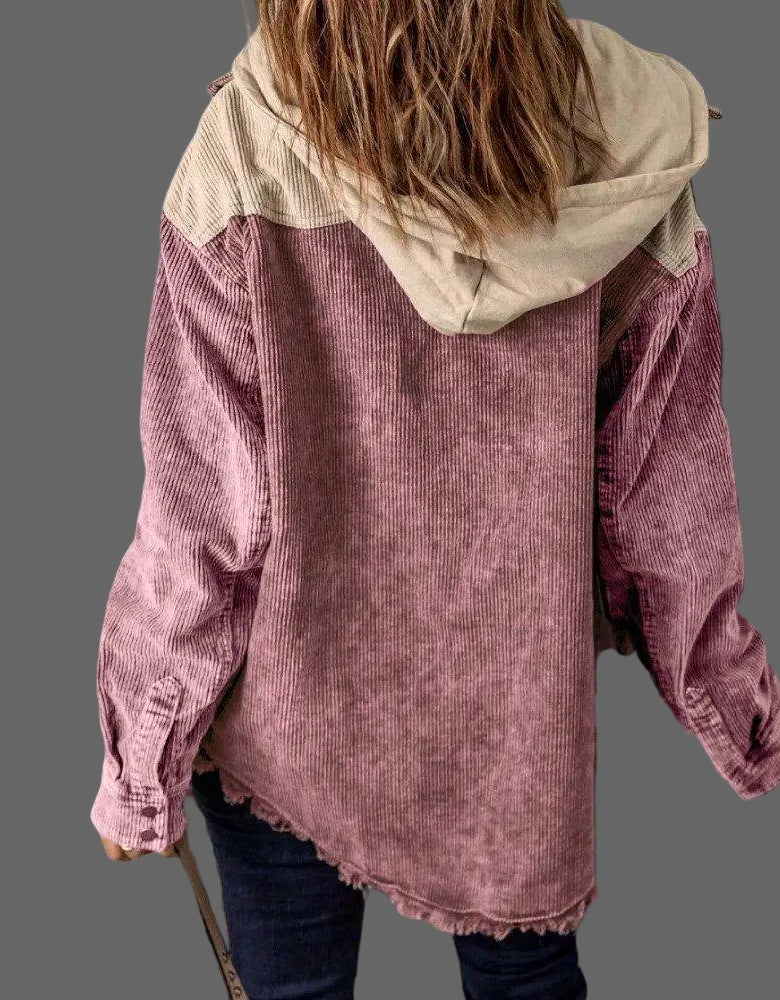 Mauve Corduroy Hooded Shacket: Women's Color Block Button Down Casual Jacket, Fall Fashion, Layering Top