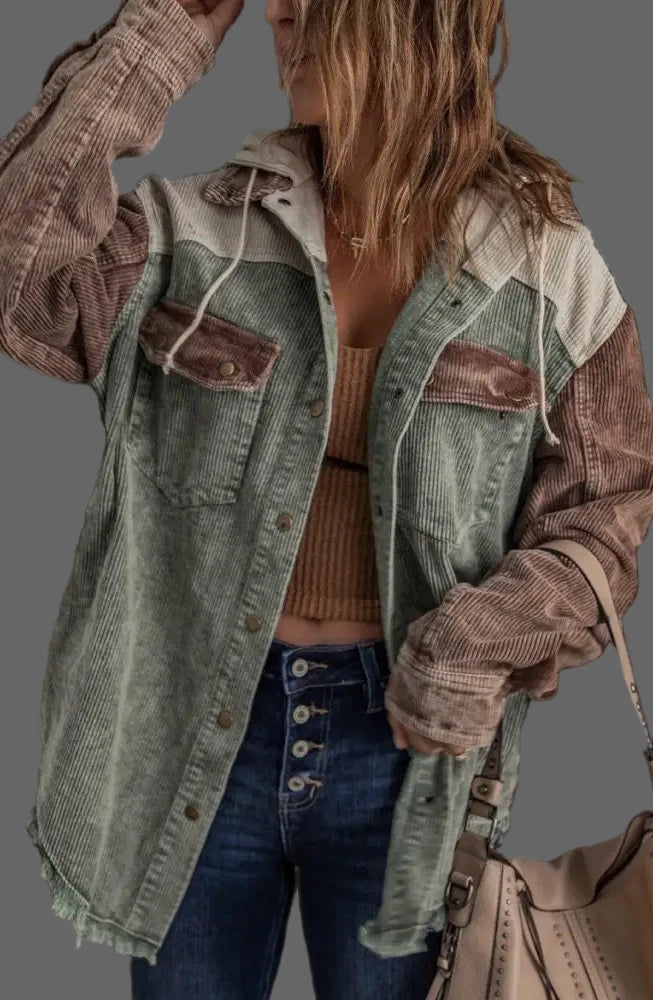 Color Block Corduroy Jacket Women's Distressed Double Pocket Hooded Coat | Shop Tamra.Shop.Social