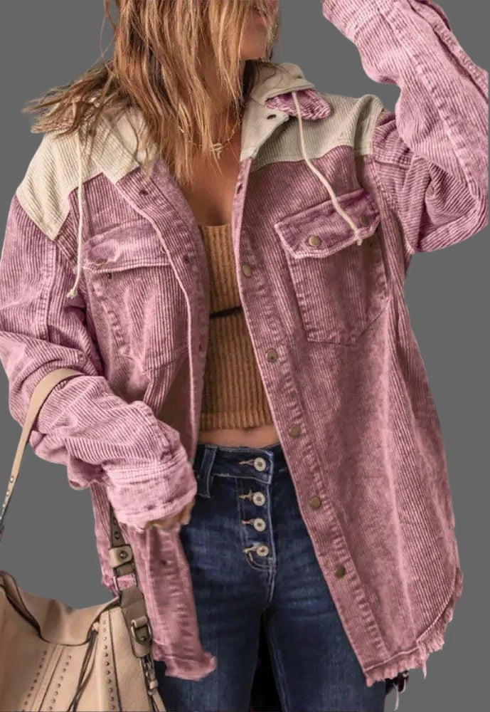 Berry Purple Corduroy Shacket: Hooded Cotton Jacket, Distressed Style, Double Pockets, Button-Down Casual Coat for Women