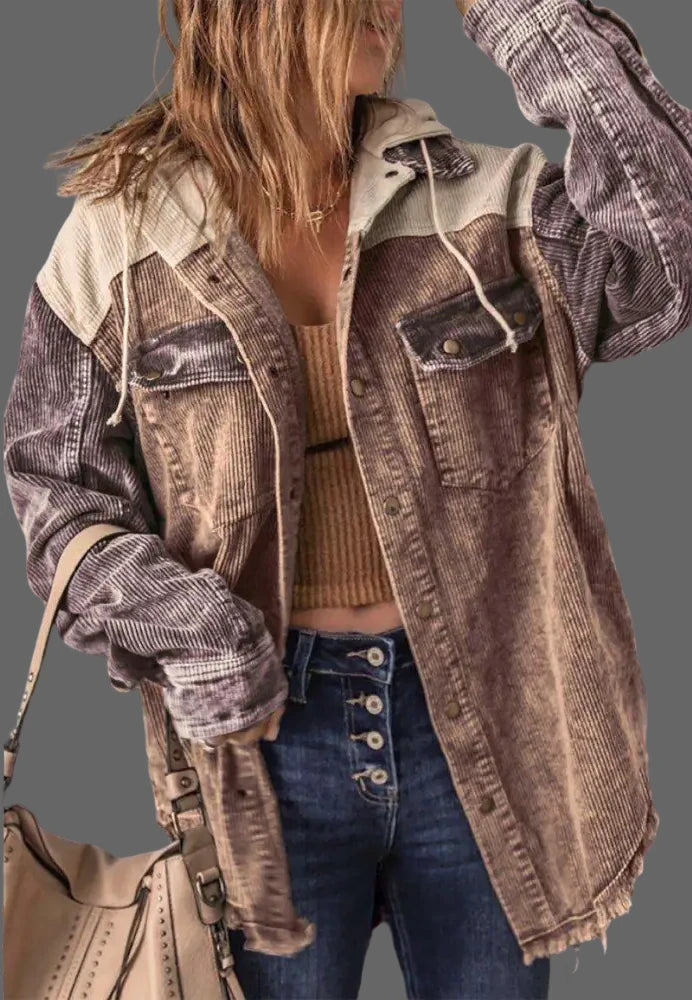 Corduroy Color Block Hooded Shacket - Women's Distressed Jacket with Pockets & Long Sleeves. Casual Fashion Fall/Winter.