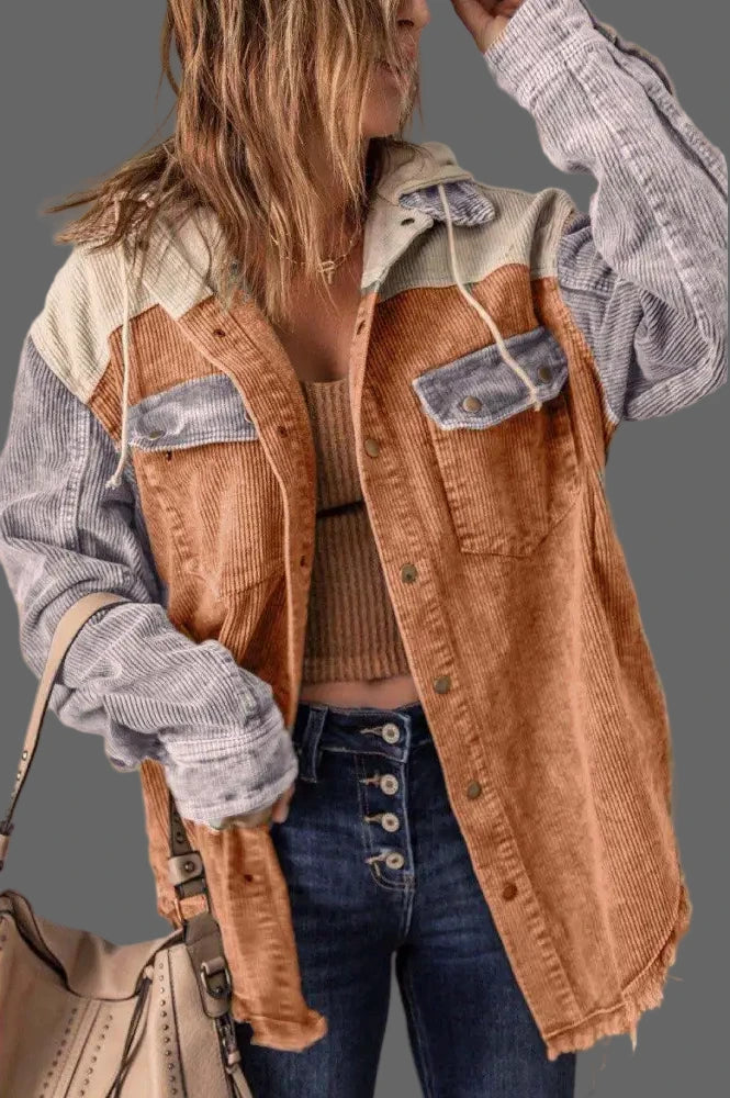 Color Block Corduroy Shacket: Distressed Cotton Hooded Coat | Tamra.Shop.Social