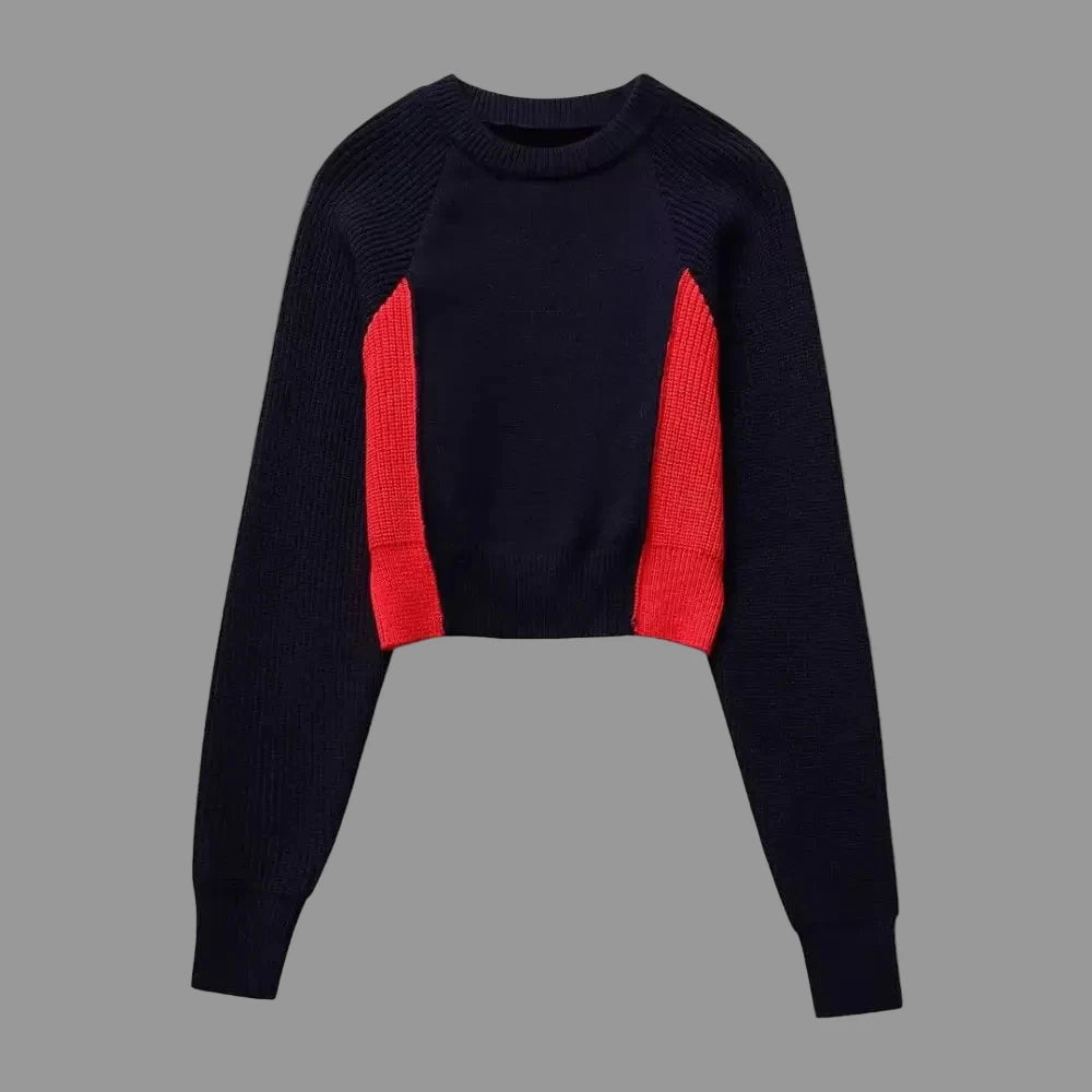 Cropped Two Tone Long Sleeve Pullover Knitted Sweater - S / Black - Sweaters & Cardigans