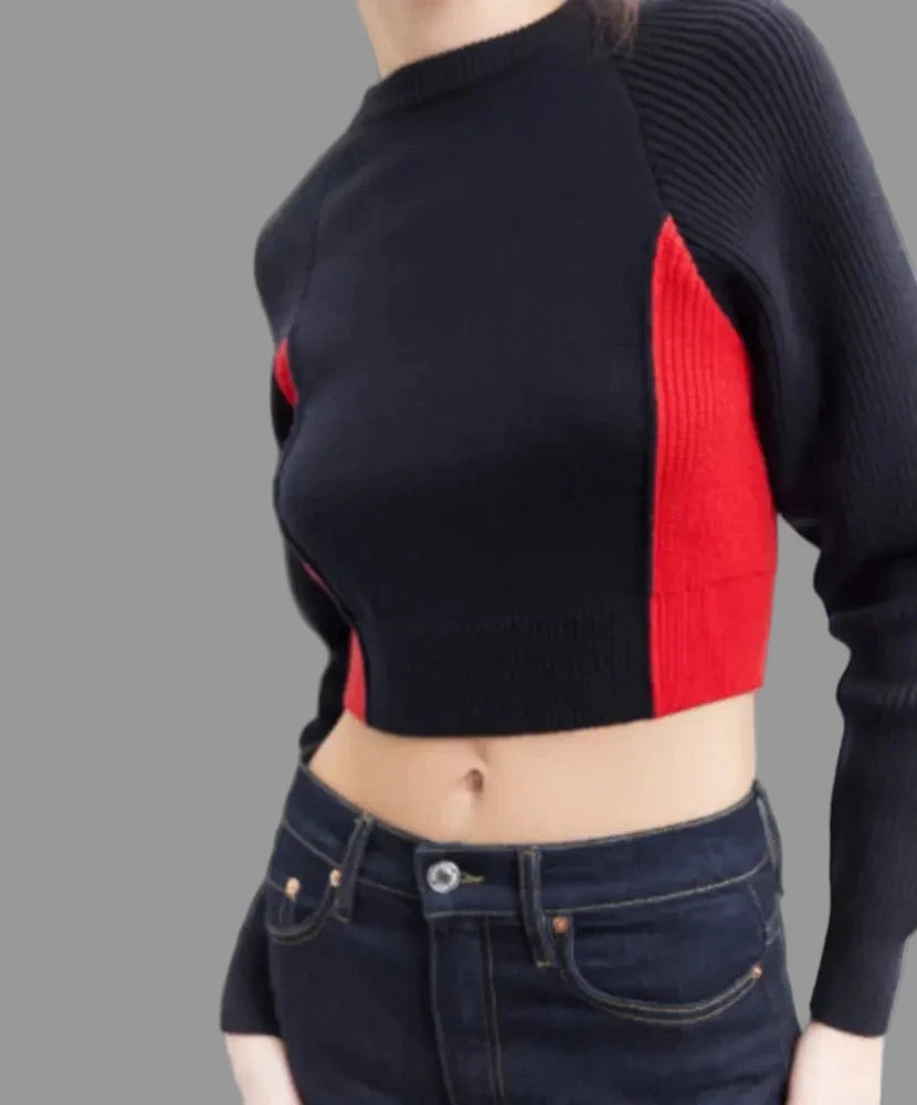 Cropped Two Tone Long Sleeve Pullover Knitted Sweater - Sweaters & Cardigans
