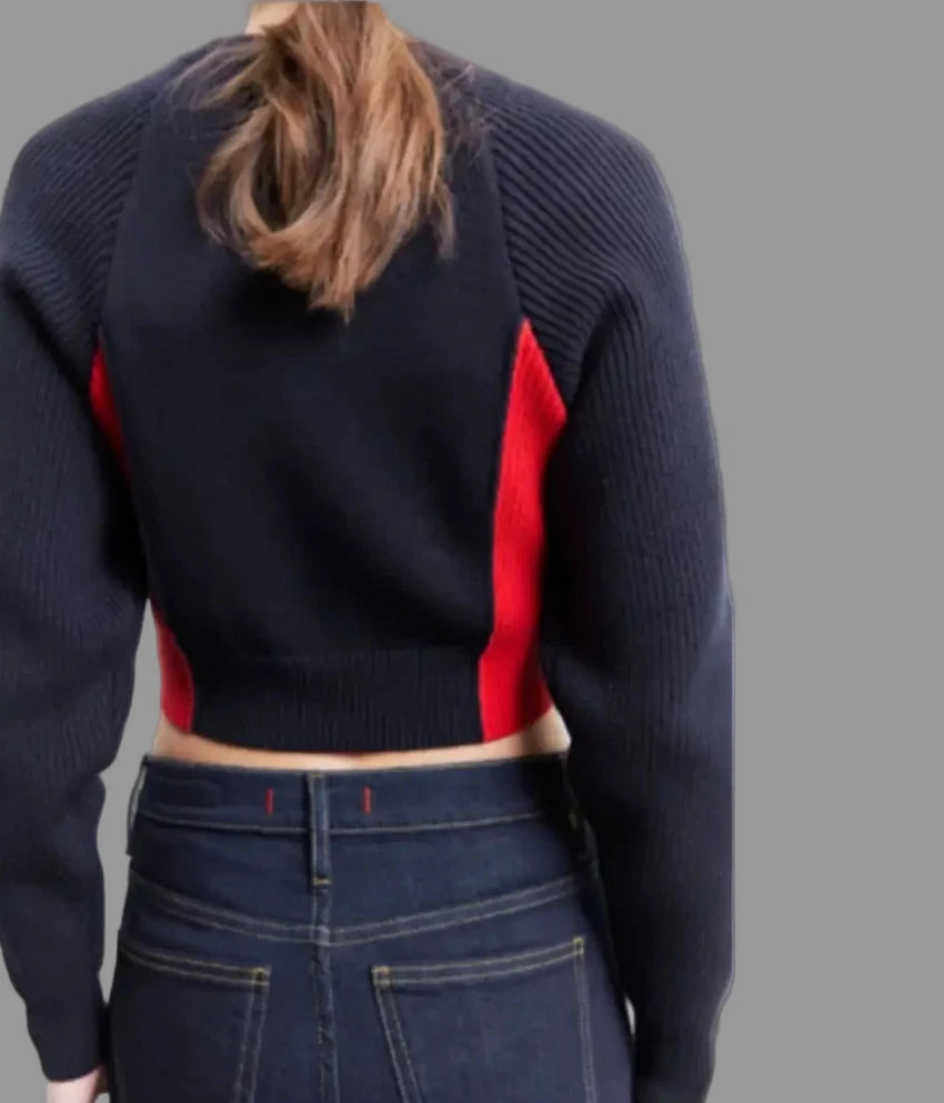 Cropped Two Tone Long Sleeve Pullover Knitted Sweater - Sweaters & Cardigans