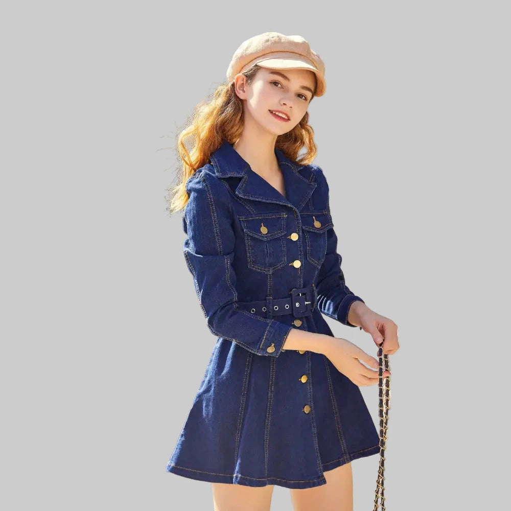 Denim Belt Dress - S / Navy Blue - Dresses