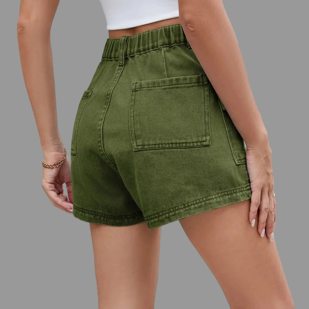 Denim Cargo Elastic Waist Shorts