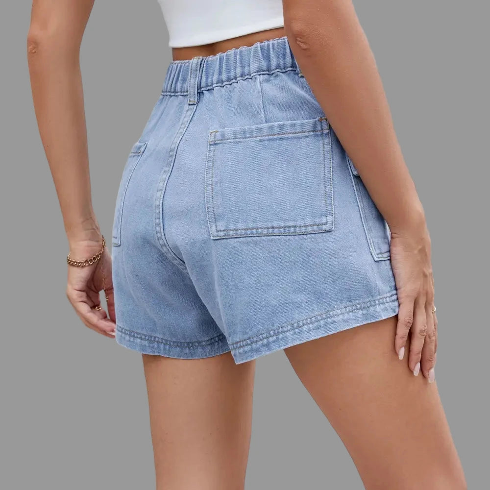 Denim Cargo Elastic Waist Shorts