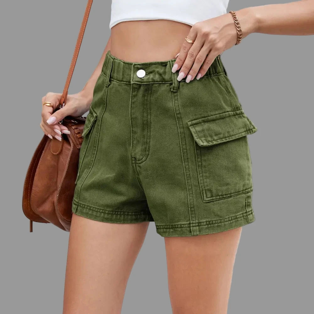 Denim Cargo Elastic Waist Shorts - S / Army Green