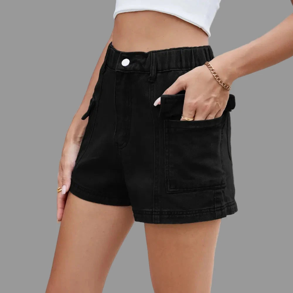Denim Cargo Elastic Waist Shorts - S / Black