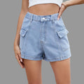 Denim Cargo Elastic Waist Shorts - S / Light Blue