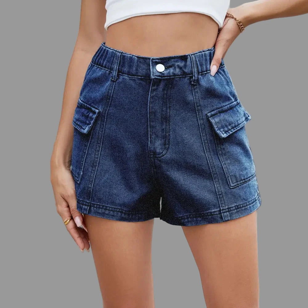 Denim Cargo Elastic Waist Shorts - S / Navy Blue
