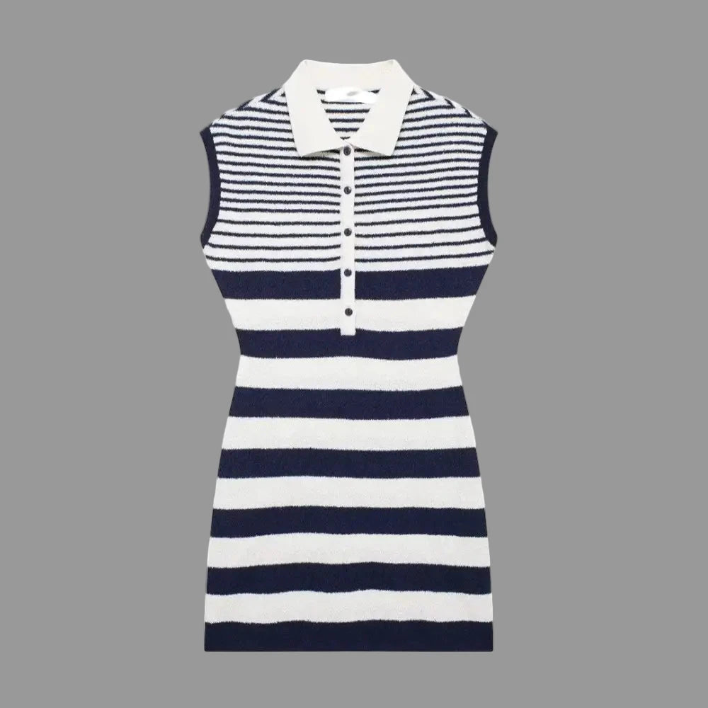 Diagonal Cut Collared Sleeveless Knit Dress - S / Multi - Dresses