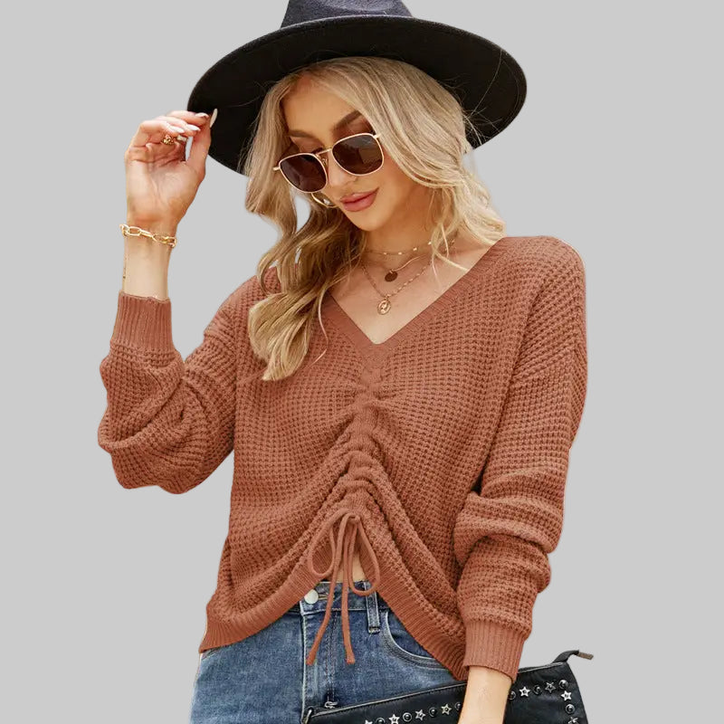 Drawstring Asymmetric Long Sleeve Shirt - S / Brown - Shirts & Blouses
