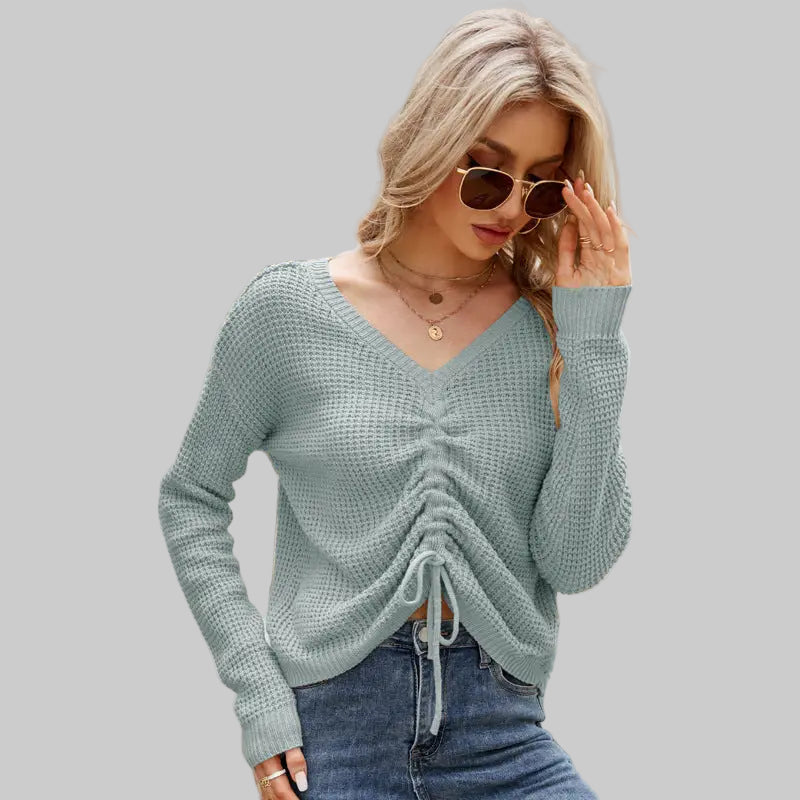 Drawstring Asymmetric Long Sleeve Shirt - S / Light Green - Shirts & Blouses