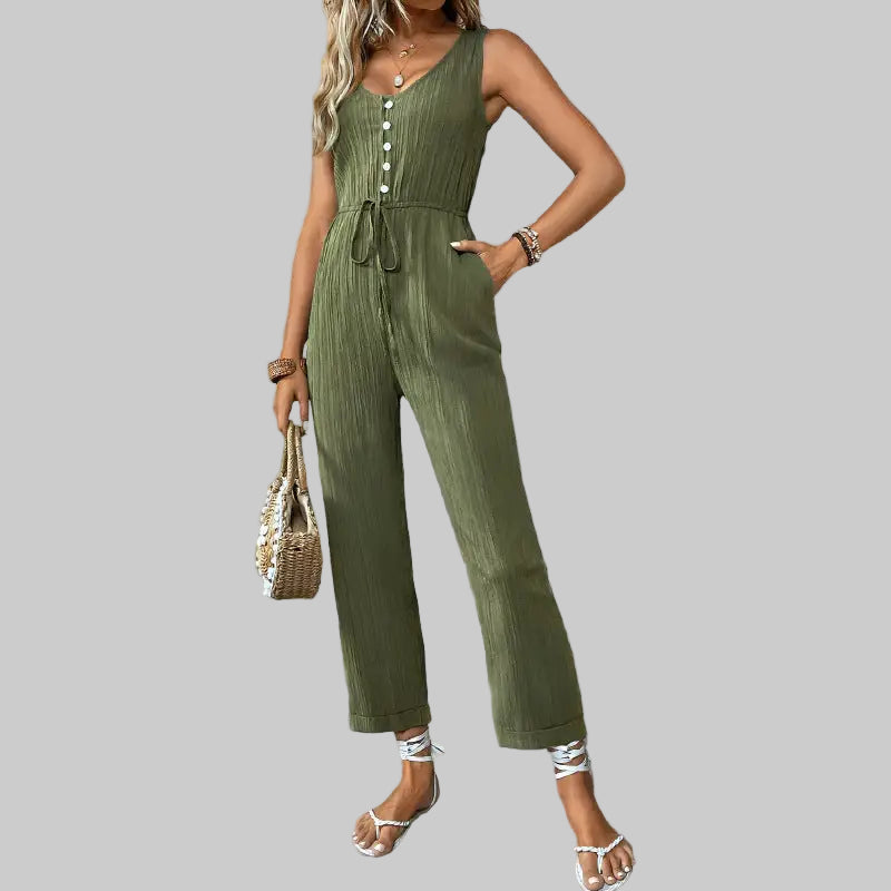 Drawstring Sleeveless Texture Jumpsuit - S / Army Green - Jumpsuits