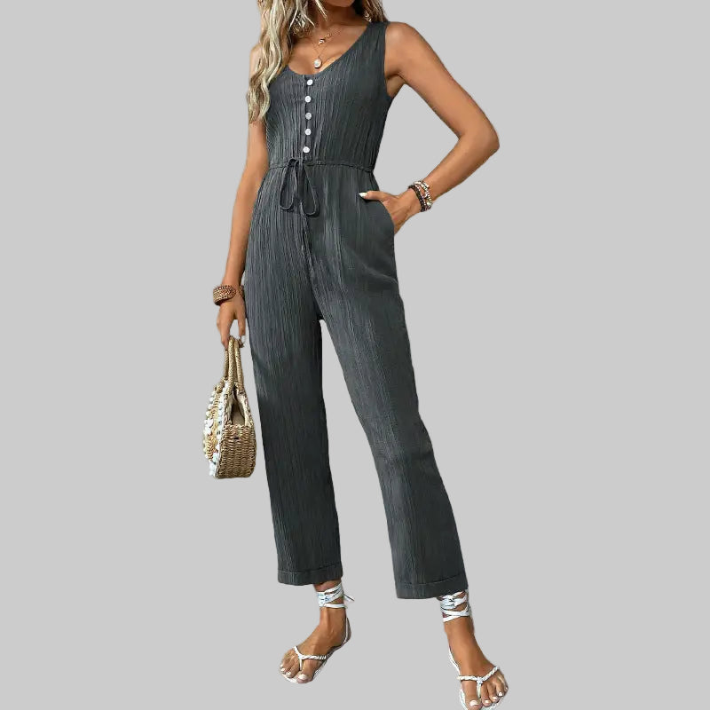 Drawstring Sleeveless Texture Jumpsuit - S / Dark Grey - Jumpsuits