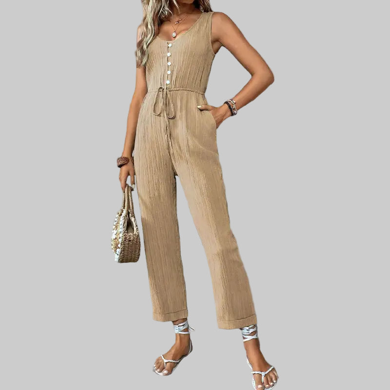 Drawstring Sleeveless Texture Jumpsuit - S / Khaki - Jumpsuits