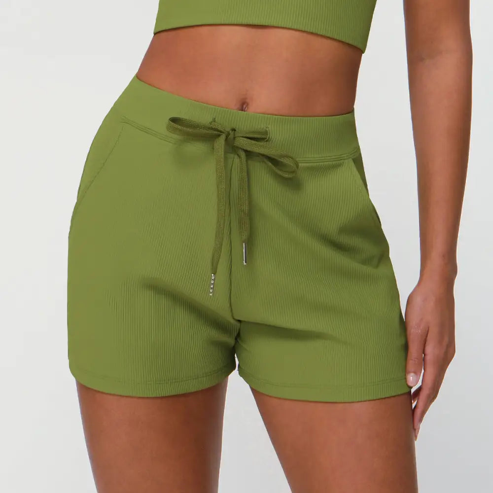 Drawstring Yoga Shorts Pocket High Elastic Exercise - S / Deep Grass Green - Activewear