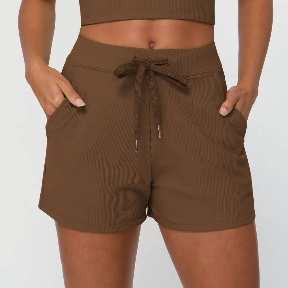 Drawstring Yoga Shorts Pocket High Elastic Exercise - S / Tea coffee color - Activewear