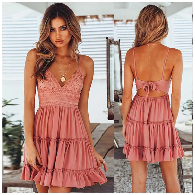 Dress Sexy Lace Sling Bow - S / Pink - Dresses
