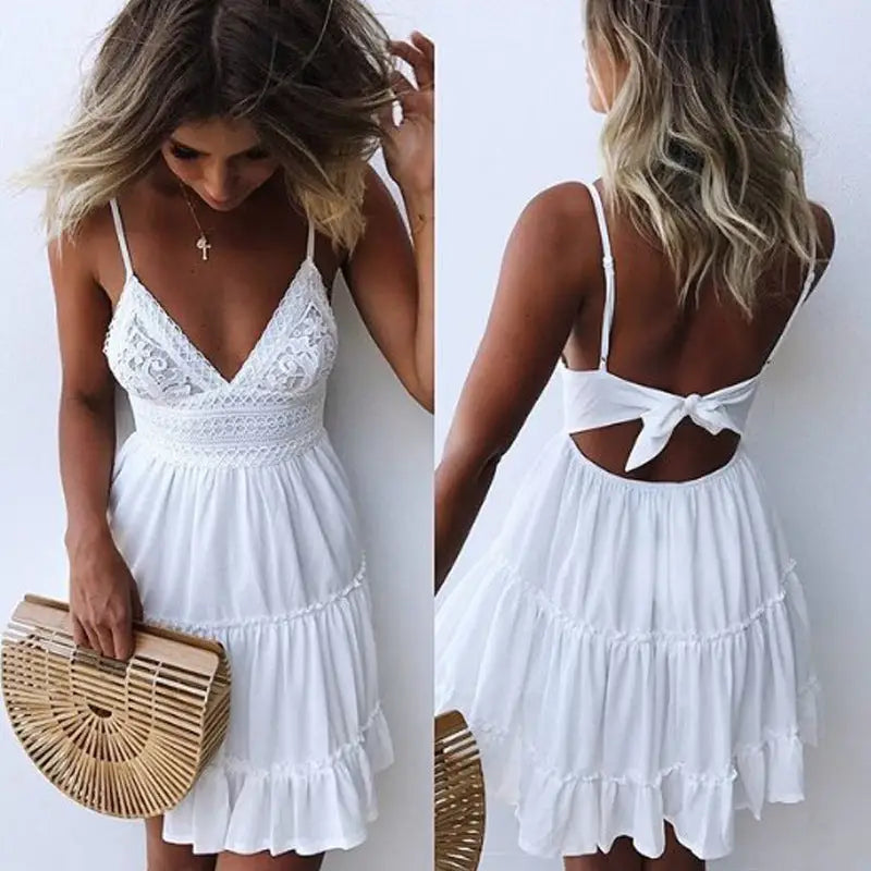 Dress Sexy Lace Sling Bow - S / White - Dresses